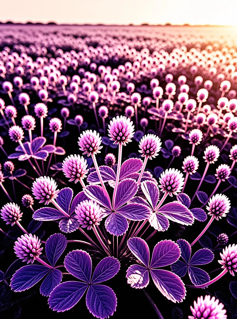 Round pink clover flower heads and deep violet leaves fill a field glowing toward a warm low sun.