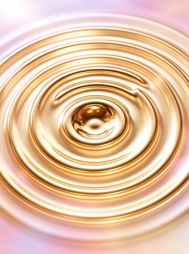 Smooth waves of honey-colored fluid radiate from a central point, creating glossy rings against a soft peach-colored backdrop.
