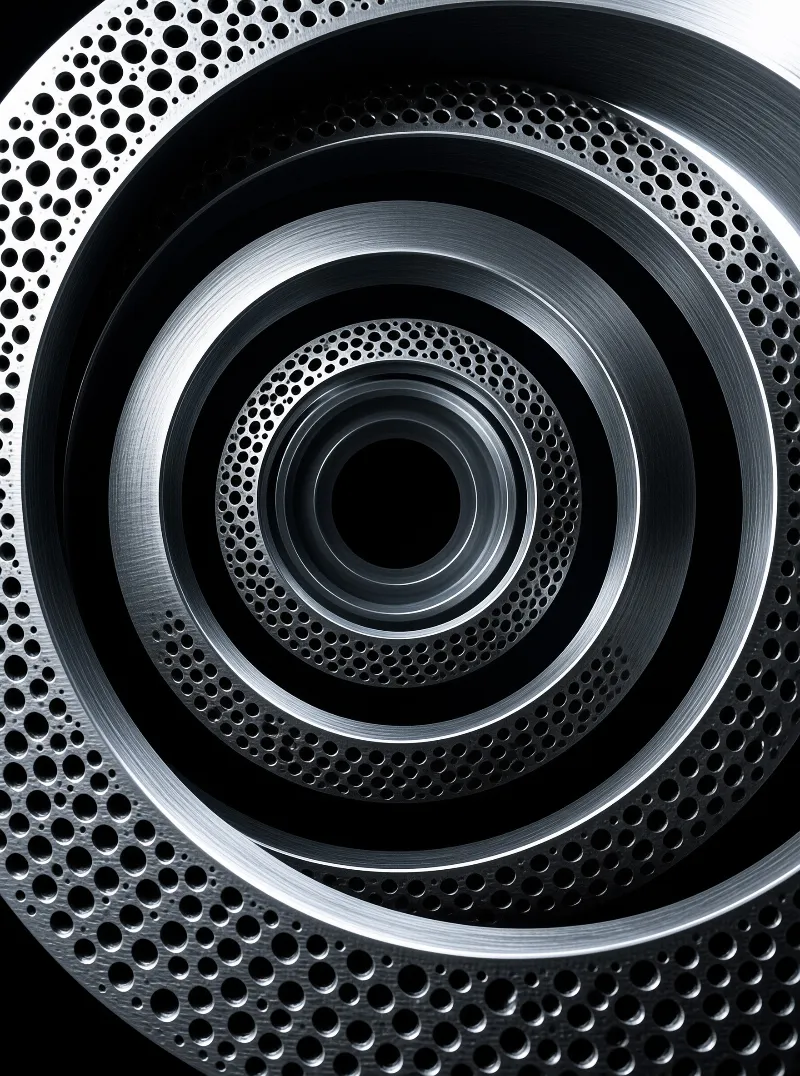 Nested metallic discs featuring solid brushed bands and perforated sections arranged in concentric circles.