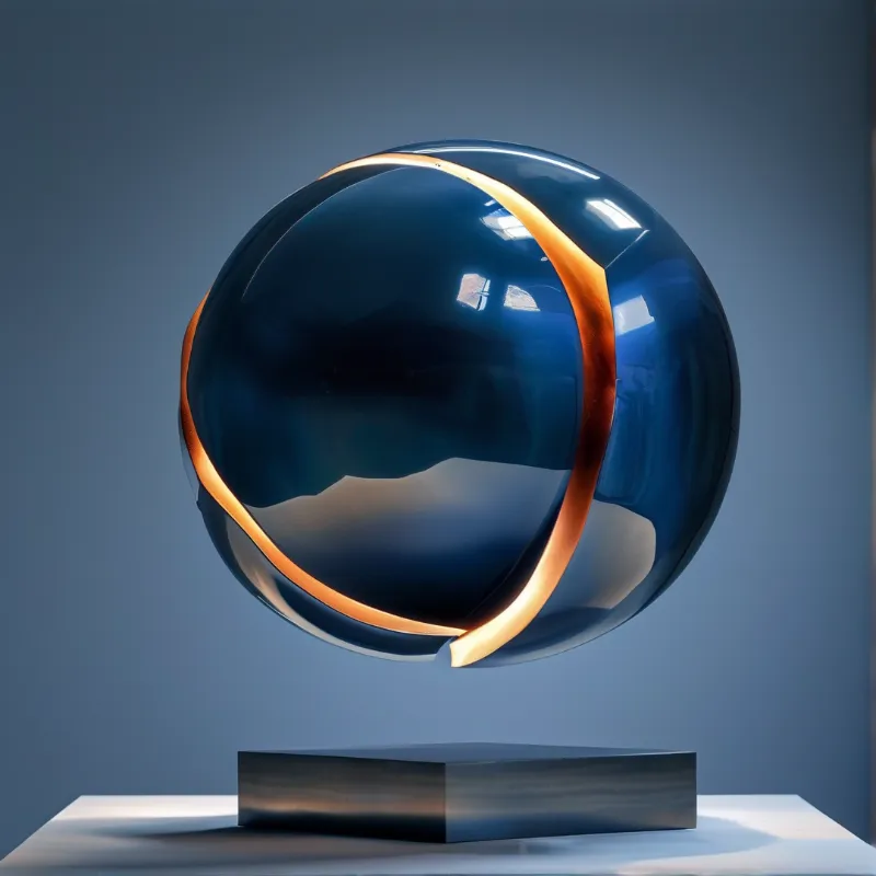 A glossy blue sphere with a golden ring floats above a dark metal block against a smooth grey background.