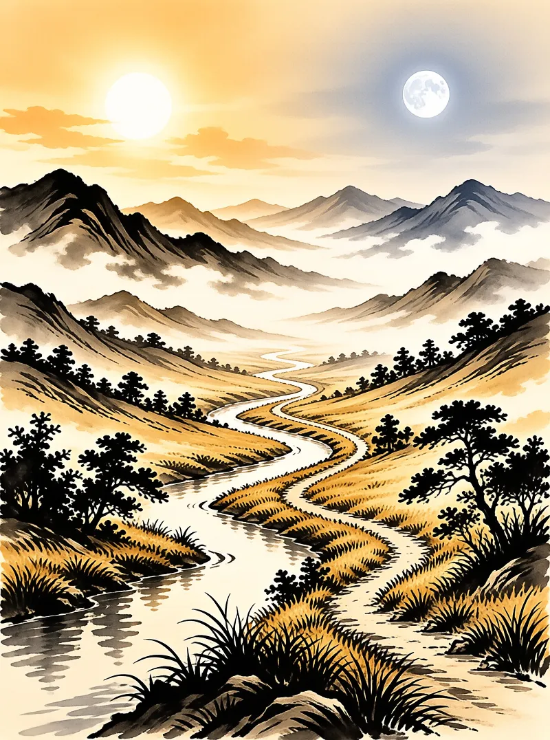 Brushstroke mountains frame a serpentine stream through golden grassland while a pale moon and bright sun share the sky.