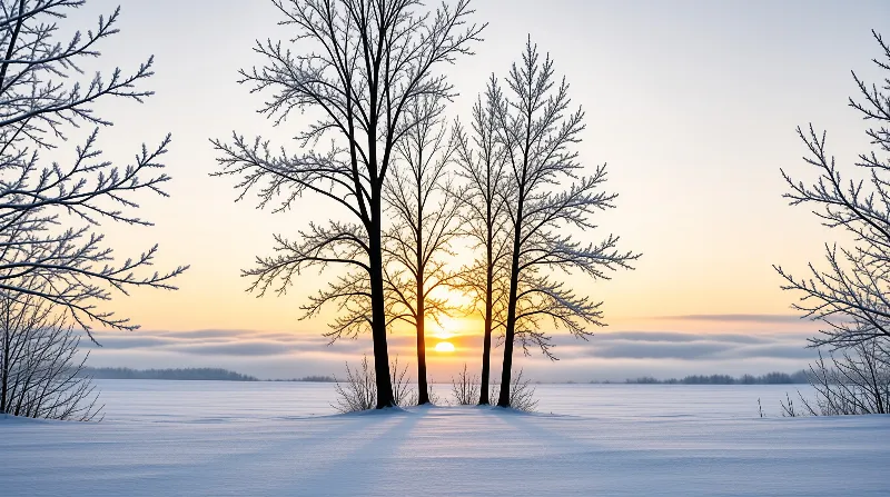 Silhouetted trees stand on a snowy plain as the sun sets behind them casting warm light across the cold winter landscape.