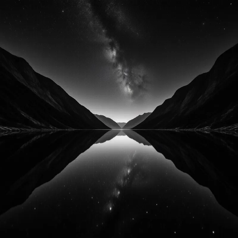 Black and white symmetric scene of the Milky Way mirrored in a calm mountain lake, with dark ridges framing a bright glowing horizon.