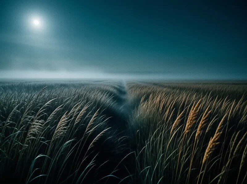 Tall golden grass surrounds a dark path leading into fog under a bright moon in a deep blue night sky.