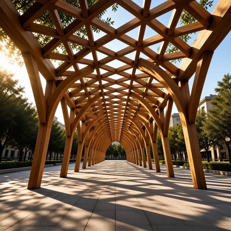 A long wooden archway with a geometric ceiling casts intricate shadows on the paved walkway below.