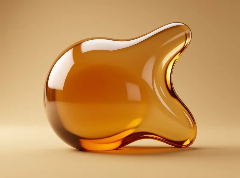 A viscous amber shape resembling honey sits on a plain tan surface illuminated by soft studio lighting.