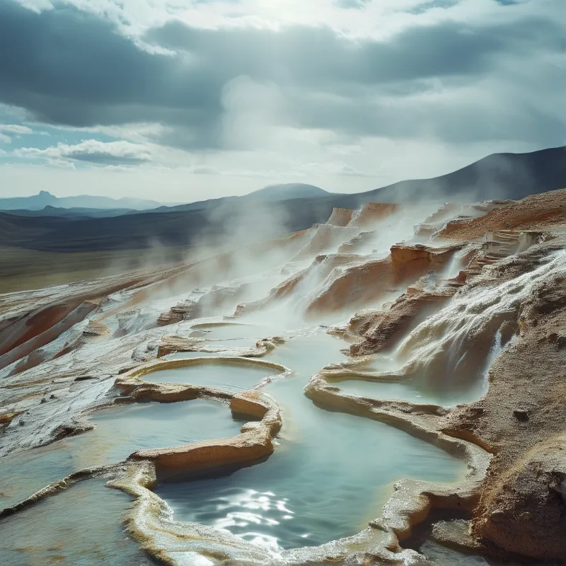Warm mineral water flows through stone steps while steam rises against a backdrop of rolling hills.