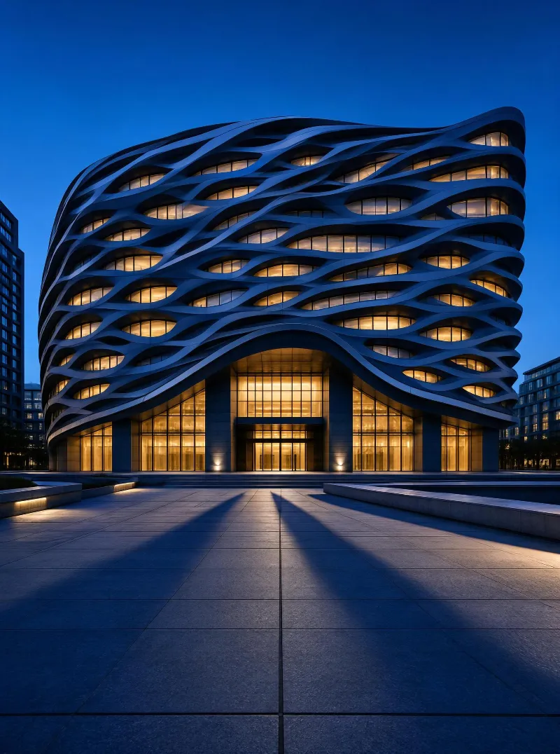 Modern Wave - Shaped Building at Night