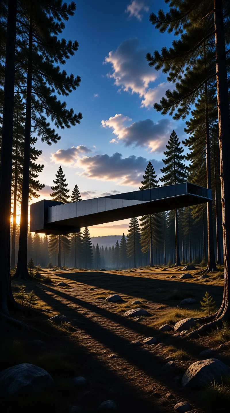 A rectangular structure hovers above a rocky clearing surrounded by tall coniferous trees at sunset.