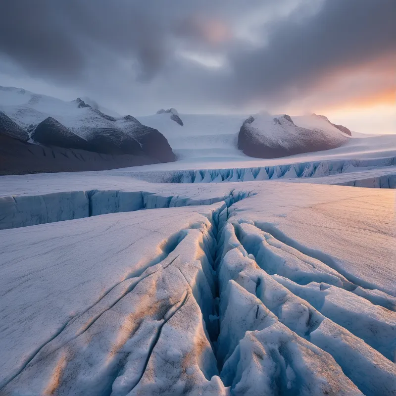 A deep blue ice crack runs toward snow-covered peaks while a shaft of orange sunset breaks through heavy cloud.