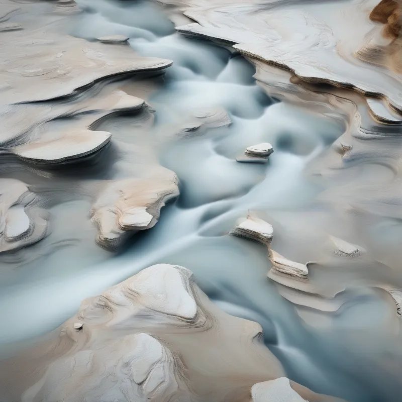 Layered pale beige marble-like rock outcrops line a winding channel of soft silky blue water, with smooth swirled patterns across every surface.