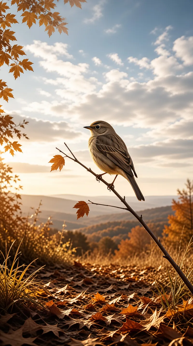 A small bird perches on a slender branch amidst falling orange leaves under a bright sunset sky.
