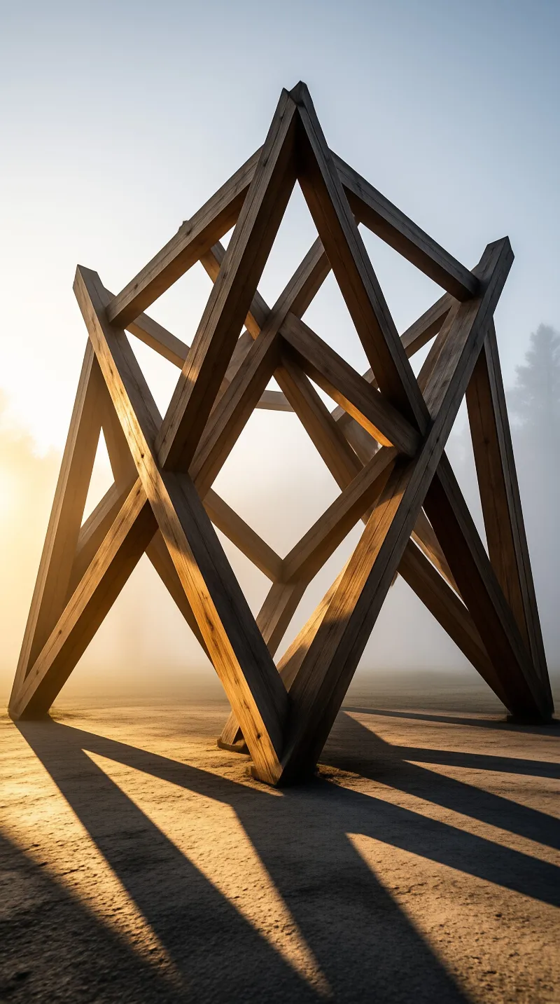 A complex wooden framework stands on sandy ground casting long shadows in the warm glow of a misty sunrise.