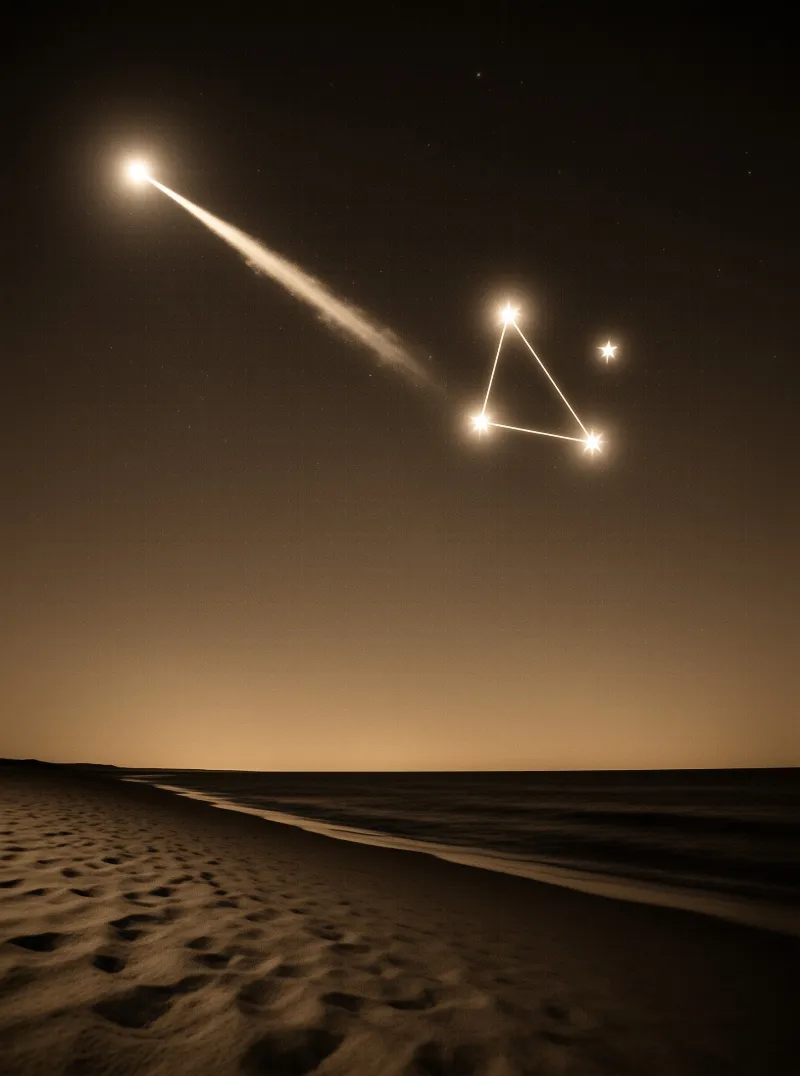 A bright meteor streaks across the night sky above a sandy shoreline with a triangular constellation visible.