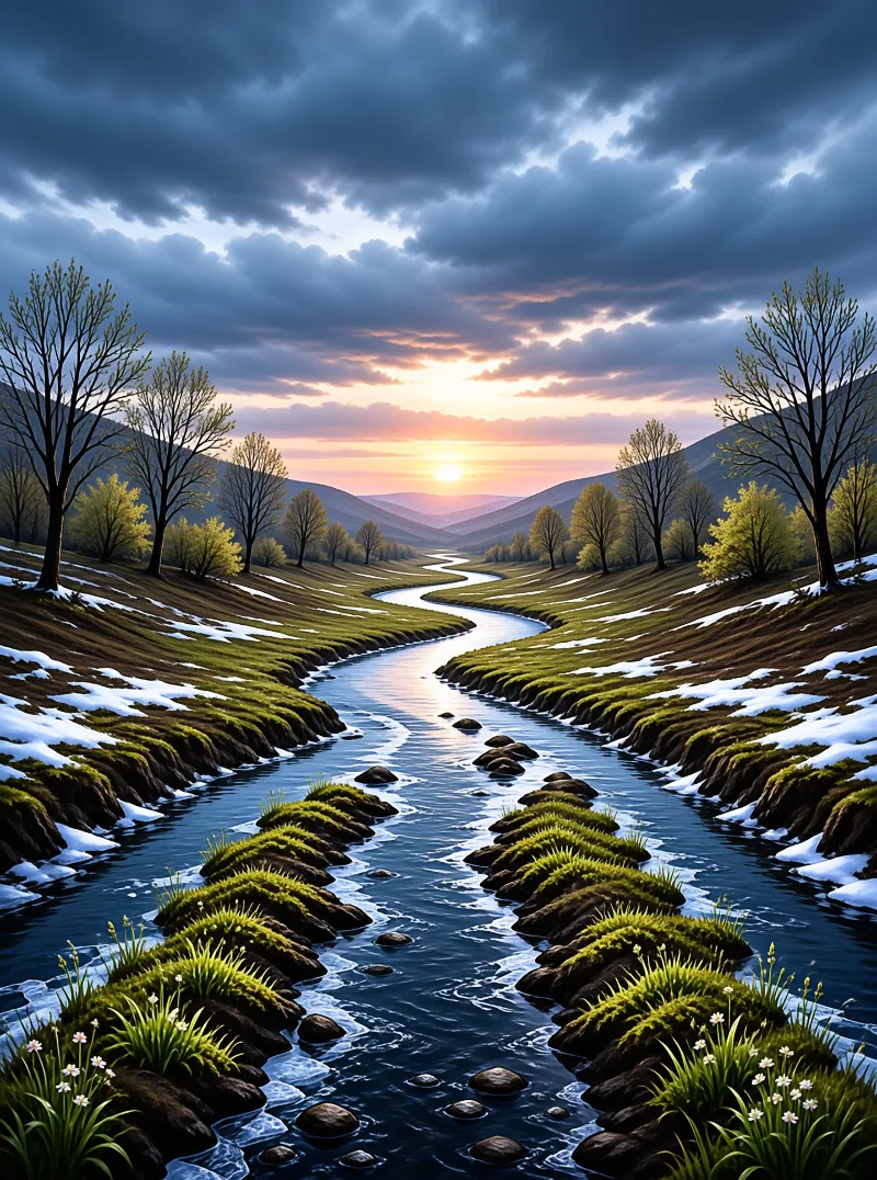 A winding river flows through snow-dappled valley with mossy stones in its water, sunset light shining through heavy clouds.