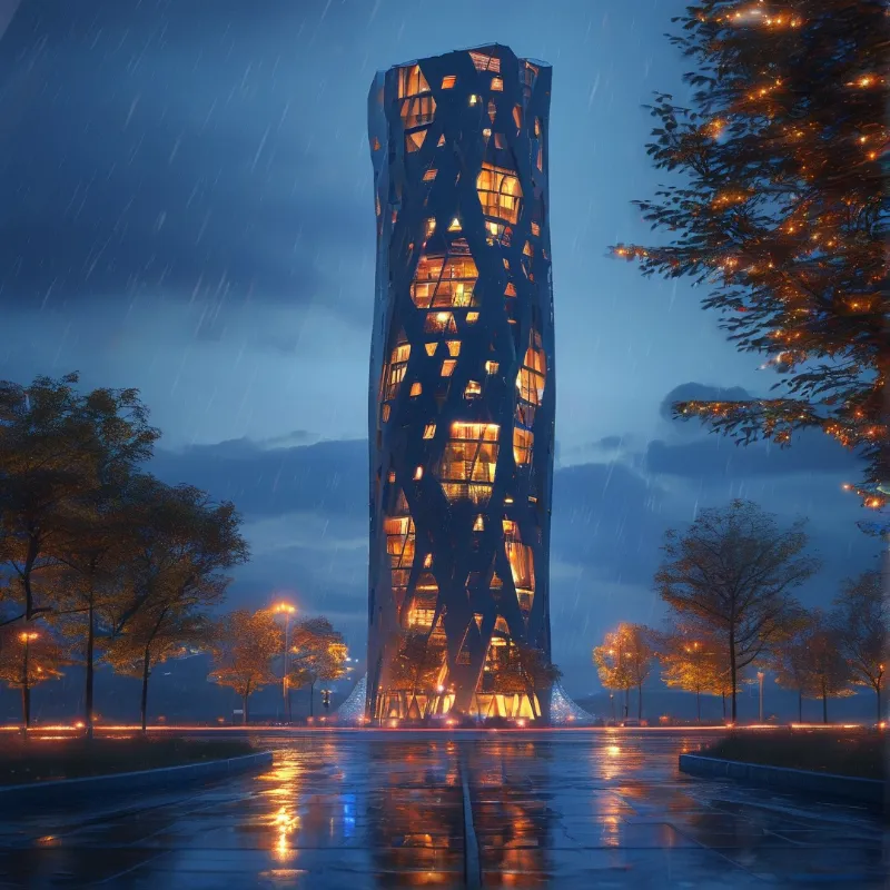 A distinctive high-rise building with a crisscross exterior shines warmly against a dark rainy sky.