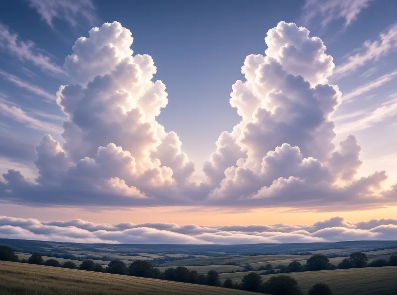 Massive white clouds stand tall in a blue sky above a layer of low fog and brown grassy hills.