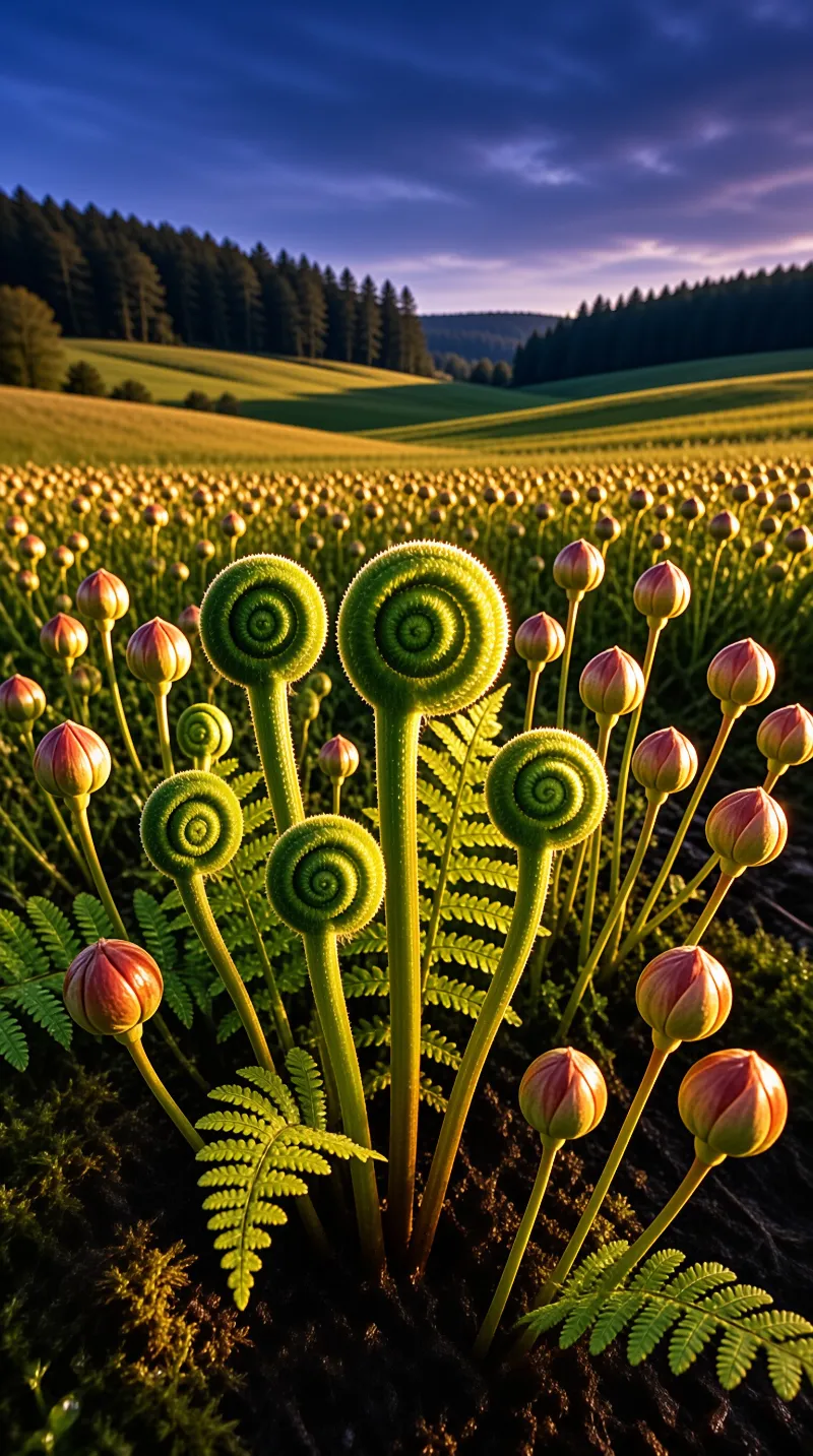 Curled fern fronds and pink buds stand in a field with hills lit by sunset