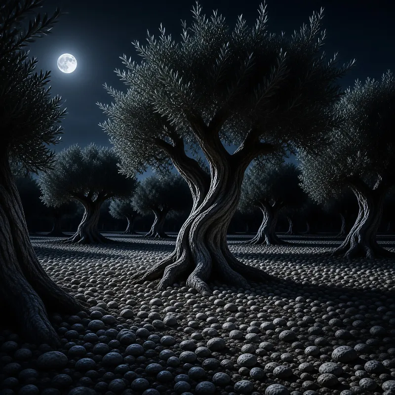 Ancient twisted olive trees stand in rows over a stony orchard floor beneath a bright full moon at night.