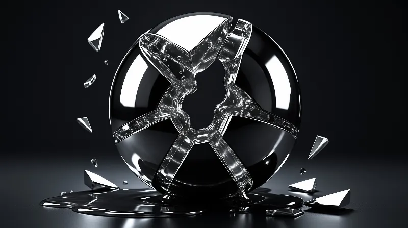 A shiny metal cross emerges from a glossy black sphere with fragmented metallic shards falling around its smooth dark base