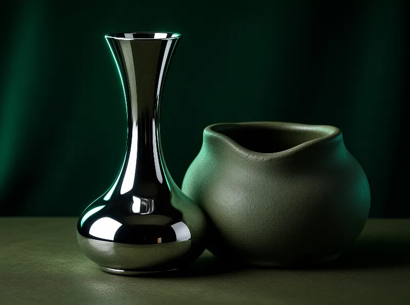 A slender mirror-polished silver vase stands next to a matte green ceramic pot under dim studio light.