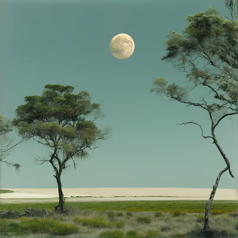 Sparse acacia trees with hanging lichen rise from grassland before pale sand dunes and a bright full moon in a teal sky.