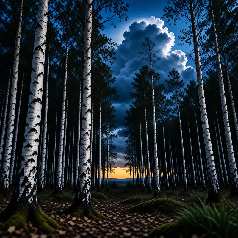 Tall white birch trees line a dark path leading towards a bright orange horizon beneath a heavy blue sky.