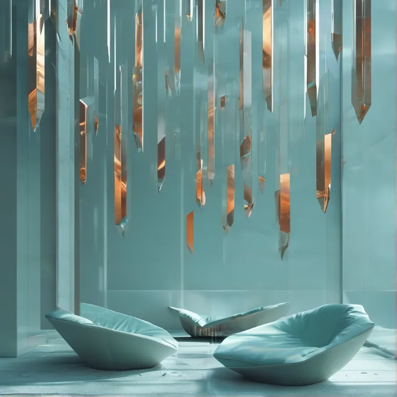 Three soft teal cushioned seats rest on a pale floor beneath hanging vertical panels reflecting warm golden light.
