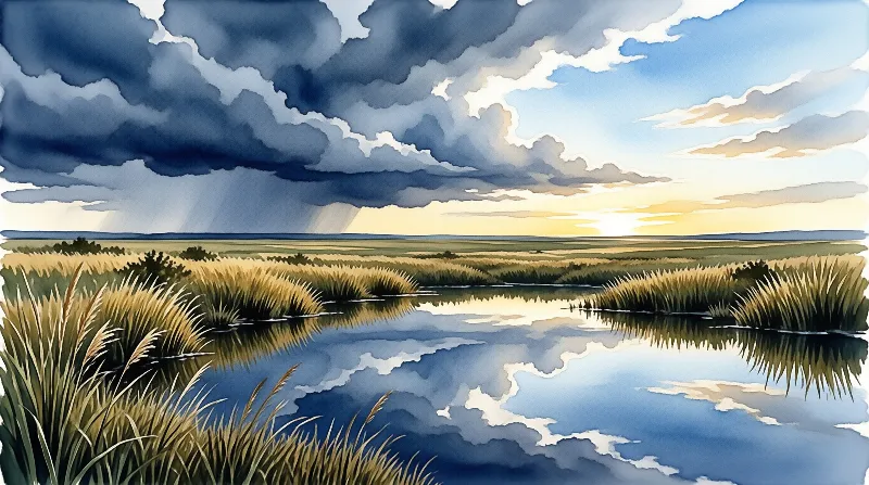 A calm river winds through golden reeds while dark clouds part to let sunlight shine on the horizon.