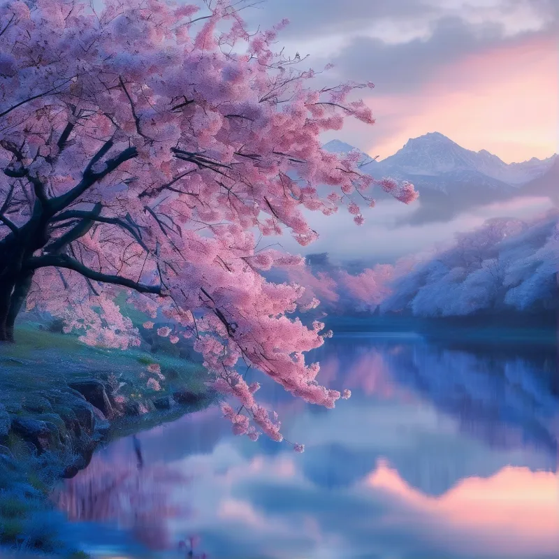 Cherry Blossoms at Lake Dawn