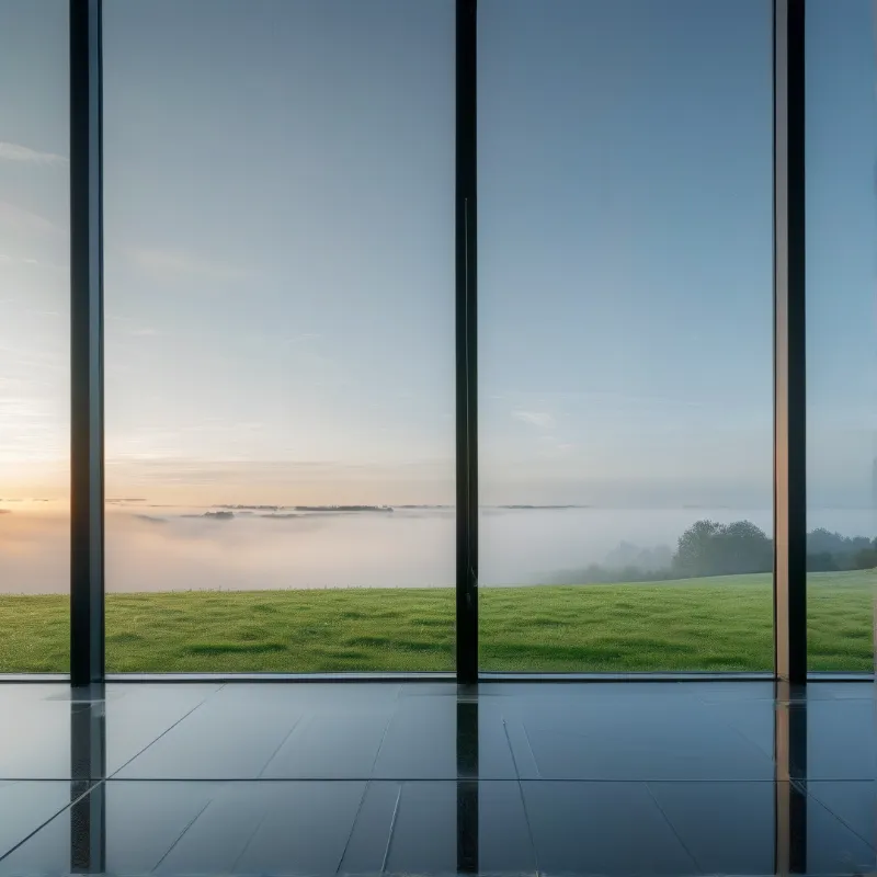 Tall black window frames divide a view of a green field and distant foggy hills under a soft sunrise sky.