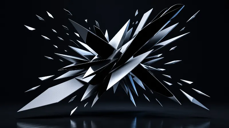 A burst of silver metallic fragments exploding outward against a deep black background with sharp reflections.