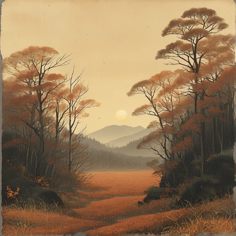 Warm brown trees frame a field leading toward distant mountains and a pale sun.