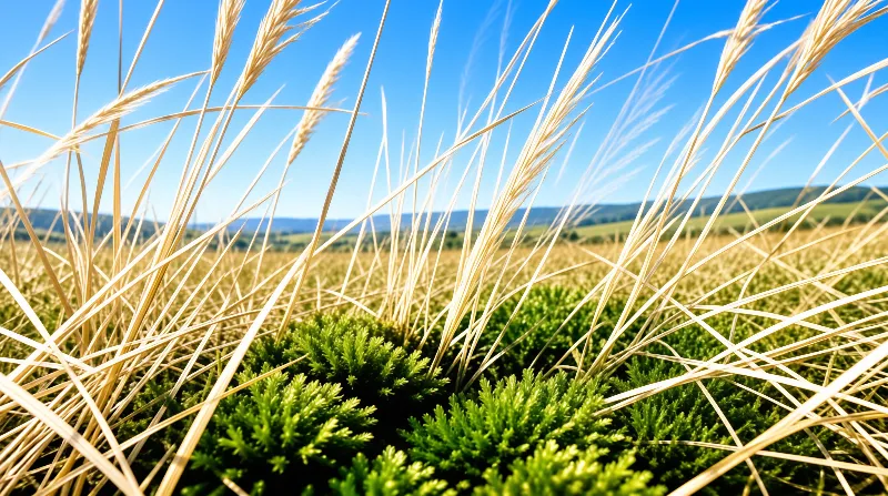 Tall golden wheat ears rise sharply from green mossy ground against distant rolling hills and a cloudless sky