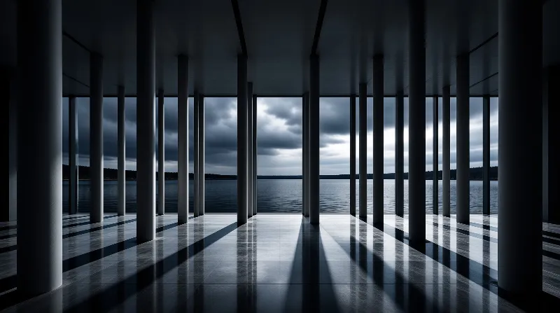 Tall cylindrical columns line a polished floor with long reflections, framing a dark lake beneath heavy storm clouds.