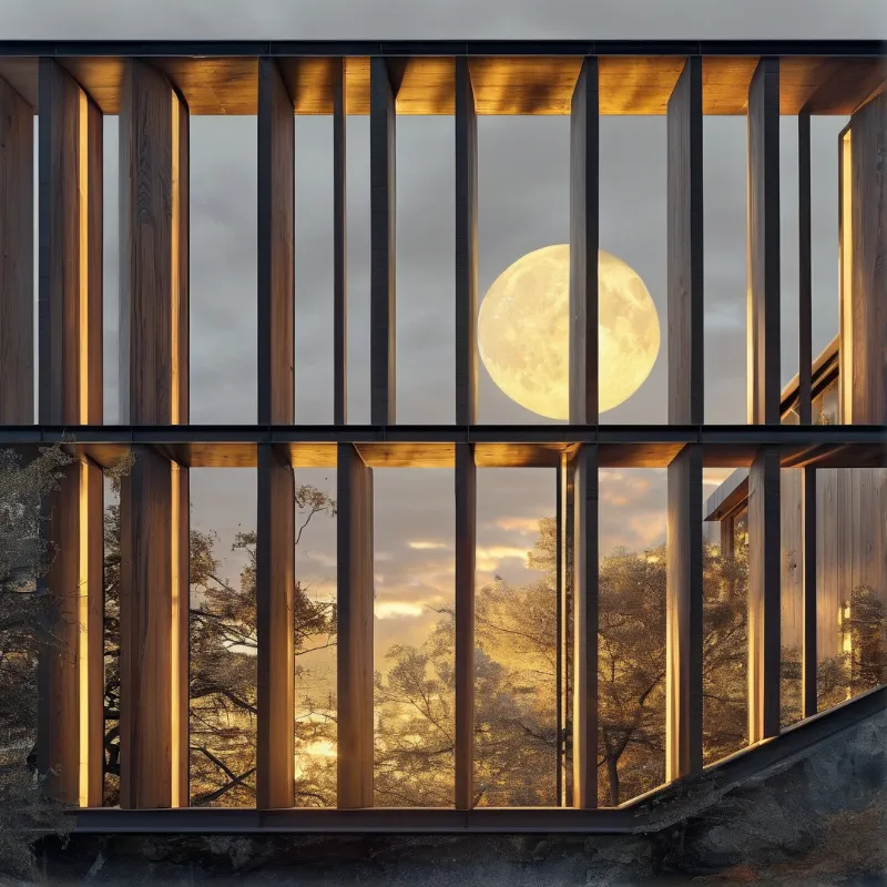 Vertical wooden fins frame a large luminous moon against a grey sky above glass reflecting autumn trees.