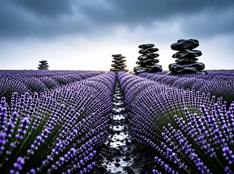 Rows of purple lavender flowers stretch towards the horizon where stacked stones stand under a rainy sky.