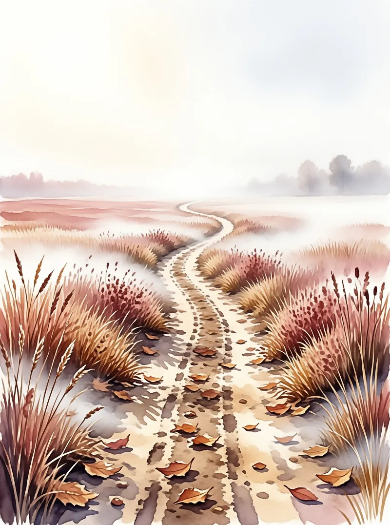 A meandering dirt trail stretches across foggy autumn grass fields, edged with golden and ruddy dried grasses, warm diffused light casts soft shadows