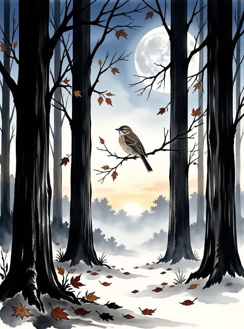 A small warbler perches on a branch amidst tall dark trees while a full moon hangs above a snowy landscape with a warm glow.