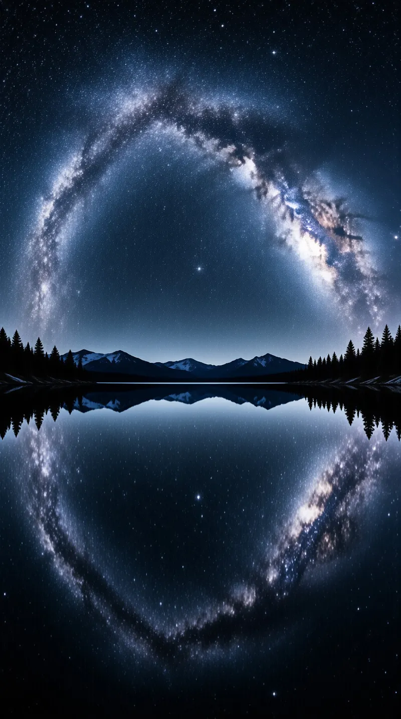 The Milky Way arcs over a still lake that mirrors the starry sky and dark mountain silhouettes perfectly.