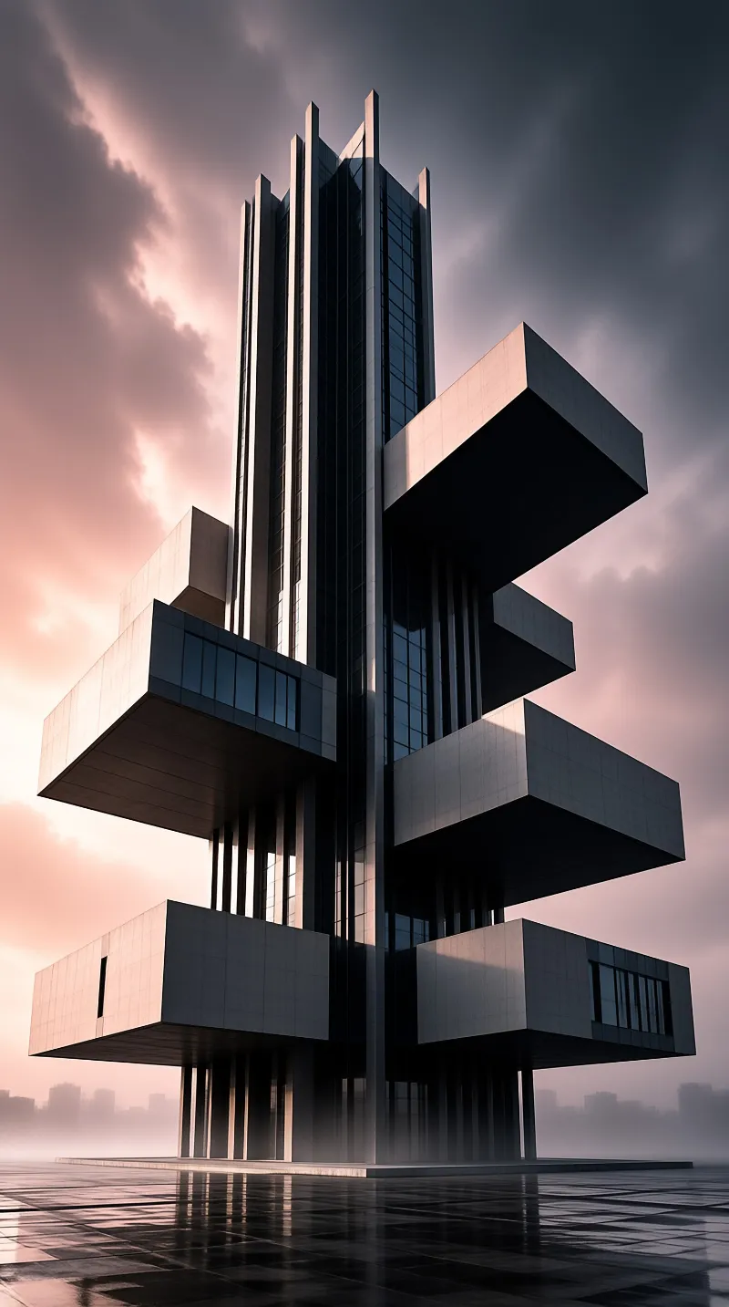 Modern architecture building rising from a misty cityscape with pink evening clouds reflecting on wet pavement.