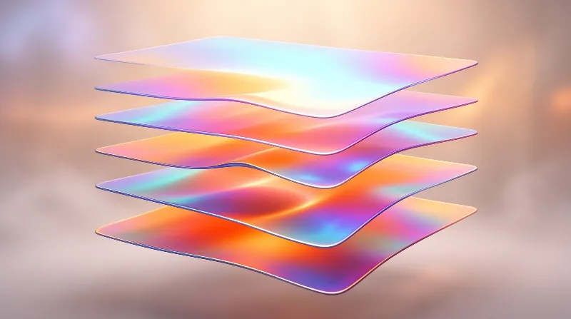 Six glossy translucent panels float in a soft pastel haze with shifting rainbow colors and warm ambient light