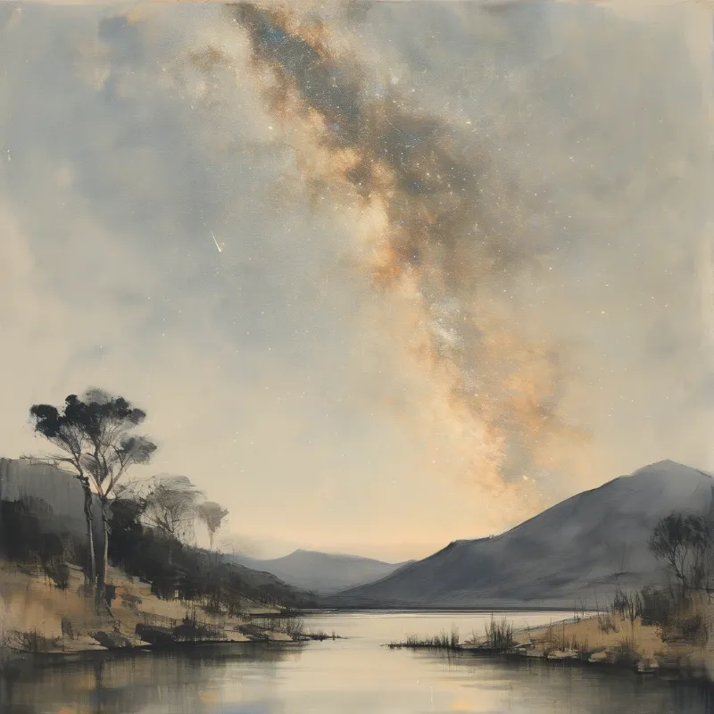 A quiet painted landscape shows a lone tree above a glassy lake under a hazy band of stars and warm dust.