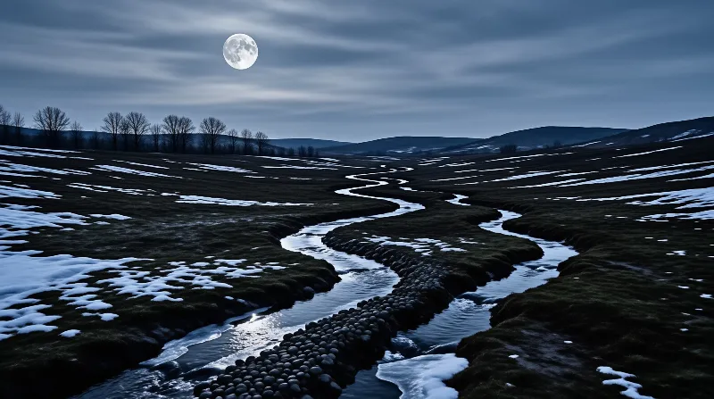 Moonlit River in Winter