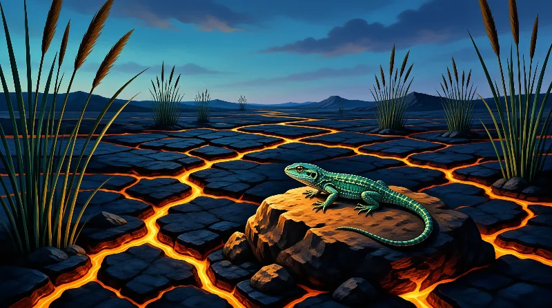 A teal green lizard sits on a warm lit rock above cracked basalt fields marked with glowing orange lava under a twilight sky.