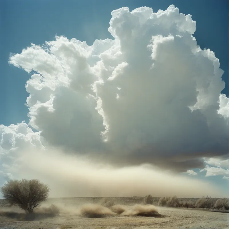 A colossal white storm cloud rises above sparse brush, with dust lifting off the cracked field along the horizon
