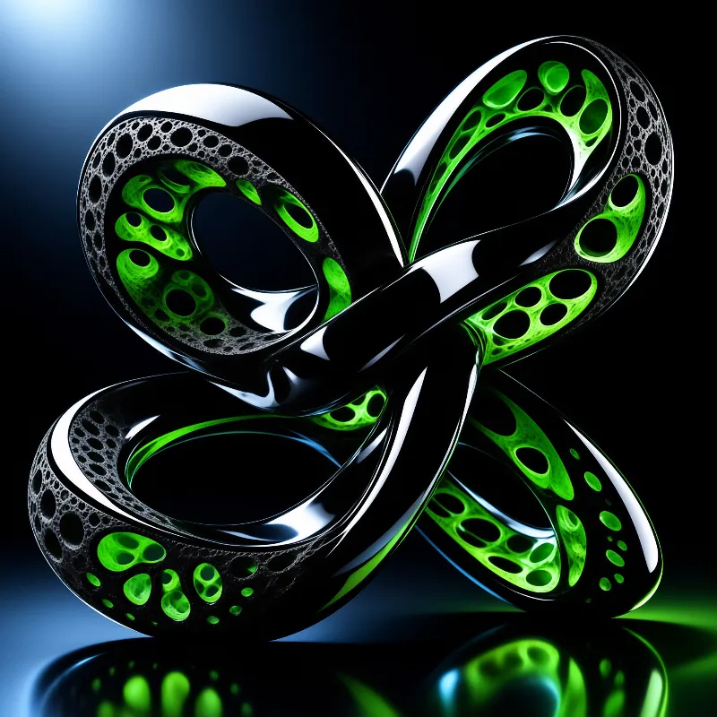 A glossy black abstract knot features bright green cellular patterns within its twisted structure against a dark background.