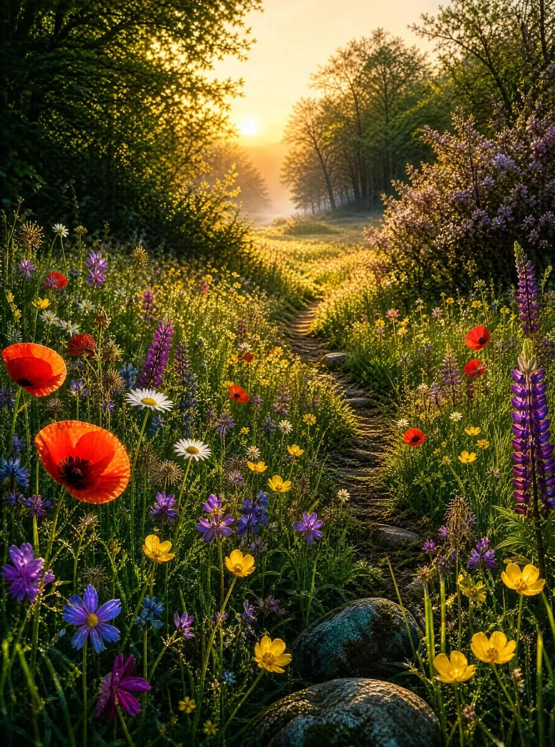 Sunlit Wildflower Meadow Path