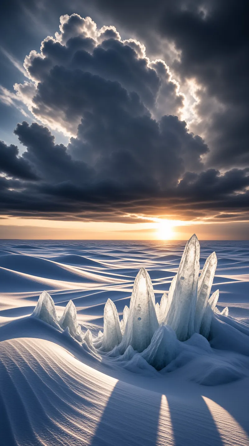 Frozen Sunset with Ice Spires