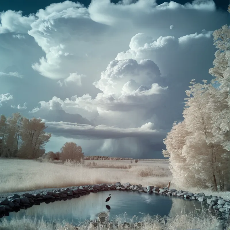 A lone wading bird stands in a pond surrounded by pale foliage under a sky filled with towering clouds and sunbeams.